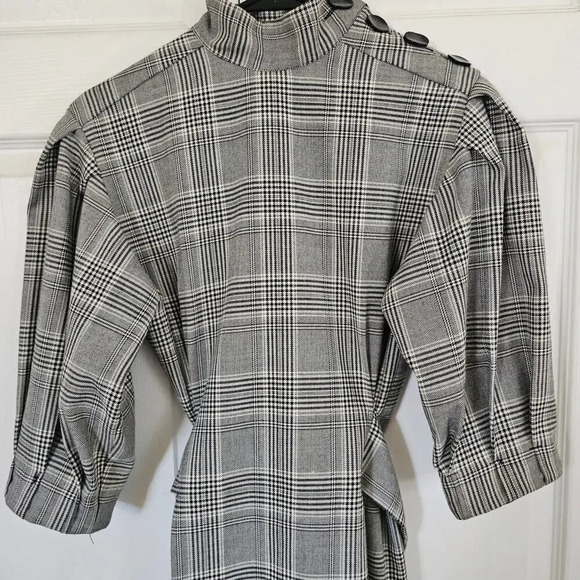 Zara Woman Plaid‎ Dress Small Gray  Puffy Sleeve Midi Belt Winter Work - Picture 4 of 13